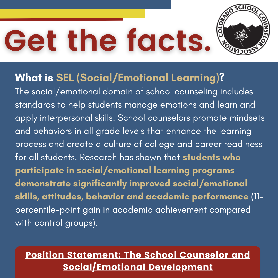 The social/emotional domain of school counseling includes standards to help students manage emotions and learn and apply interpersonal skills. School counselors promote mindsets and behaviors in all grade levels that enhance the learning process and create a culture of college and career readiness for all students. Research has shown that students who participate in social/emotional learning programs demonstrate significantly improved social/emotional skills, attitudes, behavior and academic performance (11-percentile-point gain in academic achievement compared with control groups).