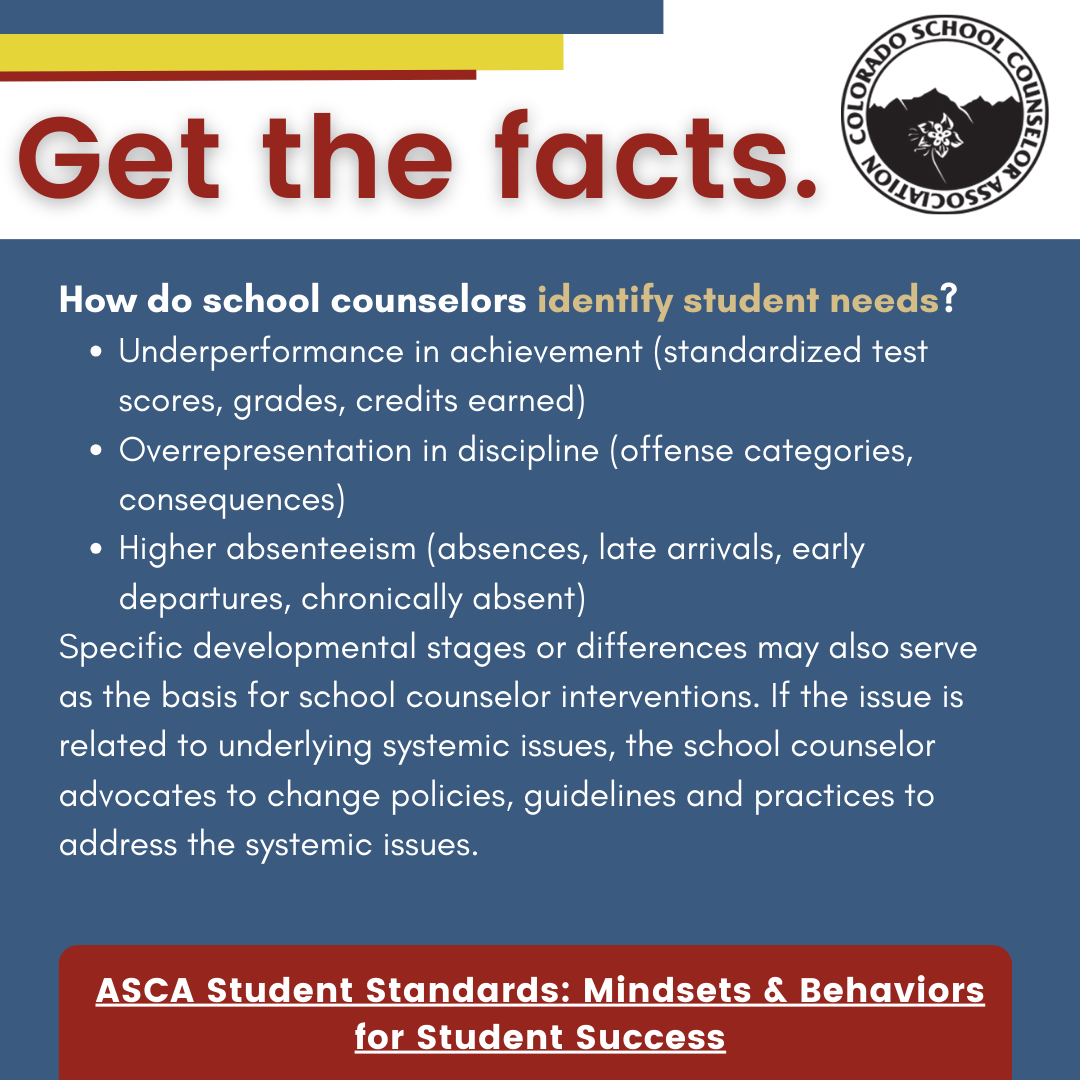 Underperformance in achievement (standardized test scores, grades, credits earned) Overrepresentation in discipline (offense categories, consequences) Higher absenteeism (absences, late arrivals, early departures, chronically absent) Specific developmental stages or differences may also serve as the basis for school counselor interventions. If the issue is related to underlying systemic issues, the school counselor advocates to change policies, guidelines and practices to address the systemic issues.